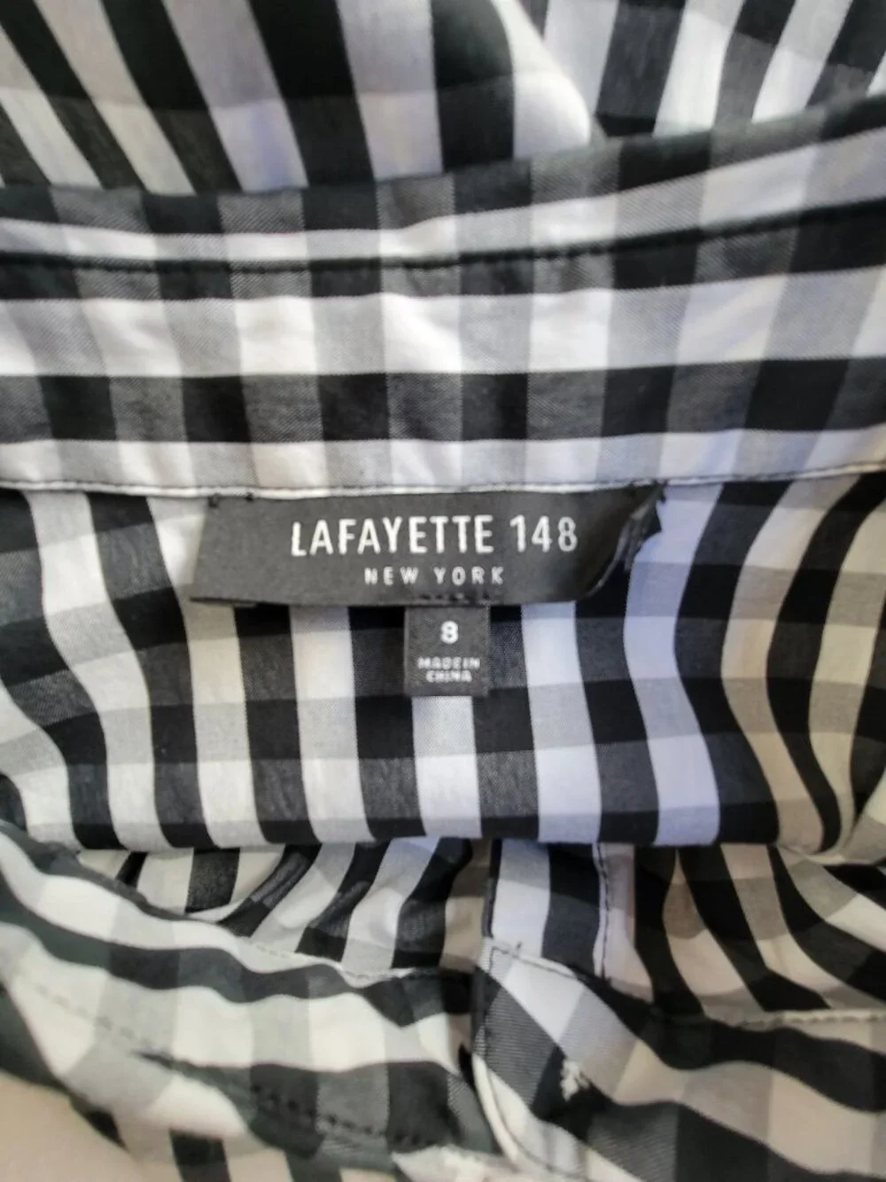 Lafayette 148 Women's Leigh Gingham 3/4 Sleeve Button Up Shirt Black/White 8 - Picture 3 of 8